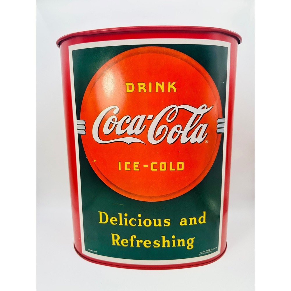 Vintage 1990 Coca-Cola Metal Wastebasket Red Tin Trash Can Oval Americana Decor